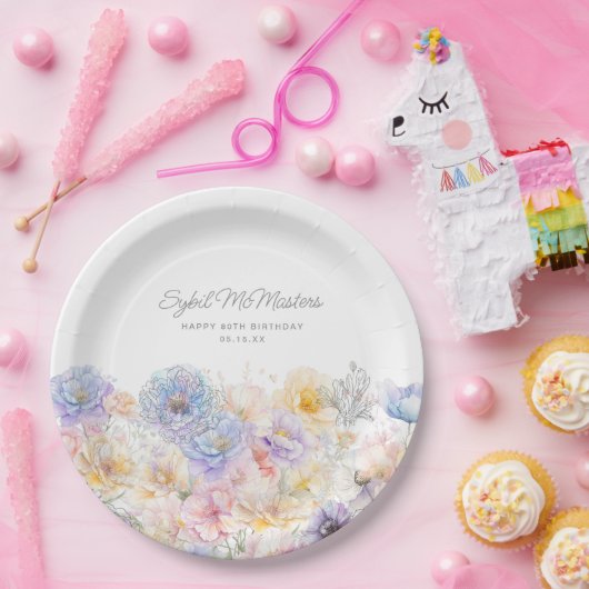 80e Verjaardag Zomer Waterverf Bloemen Custom Papieren Bordje (Feest)
