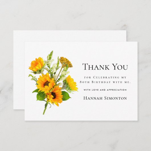 80e verjaardag zonnebloem boeket gepersonaliseerd bedankkaart (Voorkant / Achterkant)
