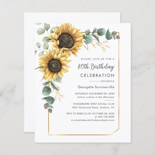 80e verjaardag Zonnebloem Eucalyptus Invite (Voorkant / Achterkant)