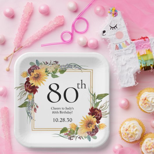 80e verjaardag Zonnebloemen Papieren Bordje (Feest)