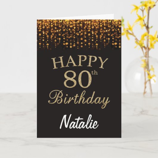 80e Verjaardag Zwart en Goud Glitter Kaart (Gele Bloem)