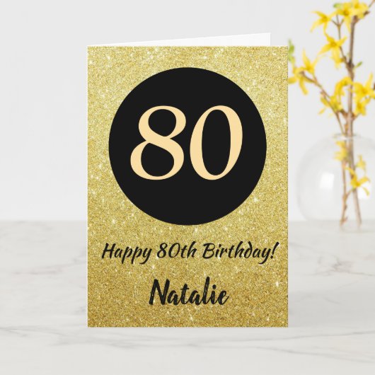 80e verjaardag Zwart en goud glitters kaart (Gele Bloem)