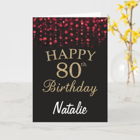 80e Verjaardag Zwart en Rood Goud Glitter Kaart (Gele Bloem)