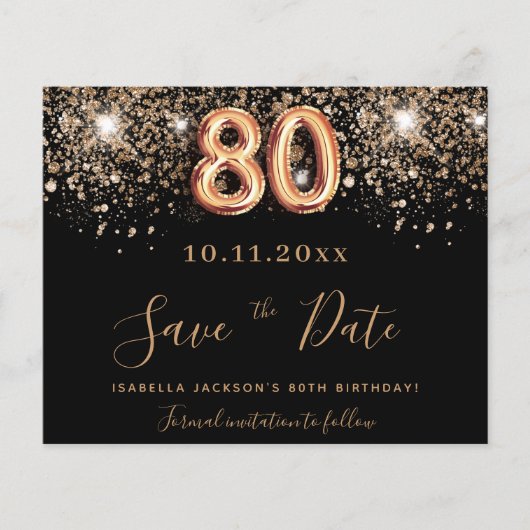 80e verjaardag zwart glitter budget behalve datum flyer (Voorkant)