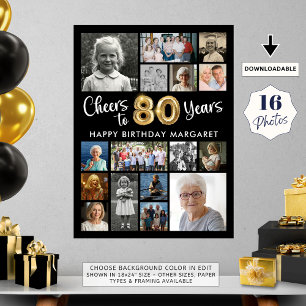 80e Verjaardag Zwart Goud 16 Foto Hoera voor Jaren Poster