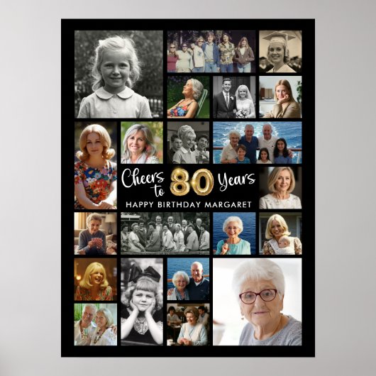 80e verjaardag zwart goud 21 foto's juichen voor j poster (Voorkant)
