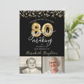 80e Verjaardag Zwart Goud 2 Foto's Ballonnen Kaart (Staand voorkant)