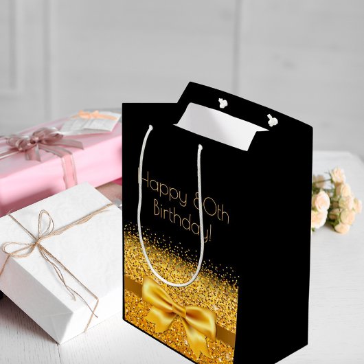 80e verjaardag zwart goud boog medium cadeauzakje