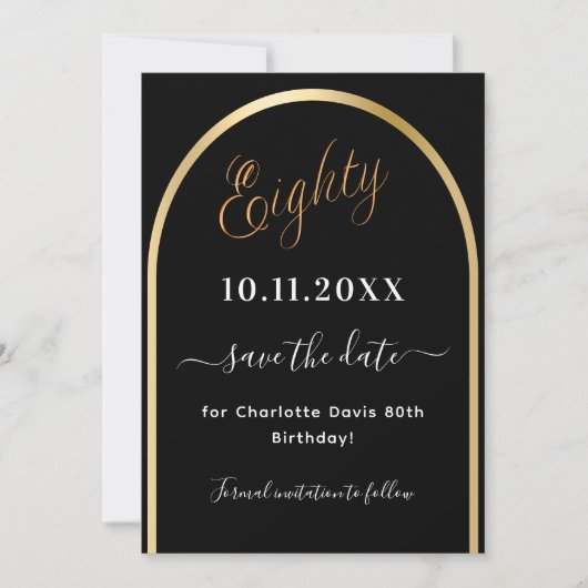 80e verjaardag zwart goud boog save the date (Voorkant)