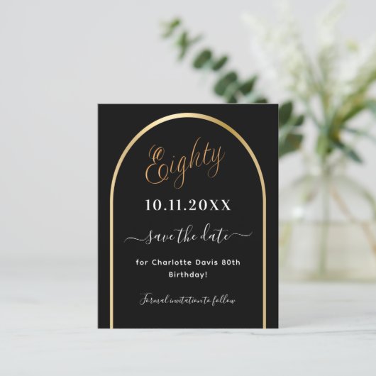 80e verjaardag Zwart Goud boog Save the Date Card (Staand voorkant)
