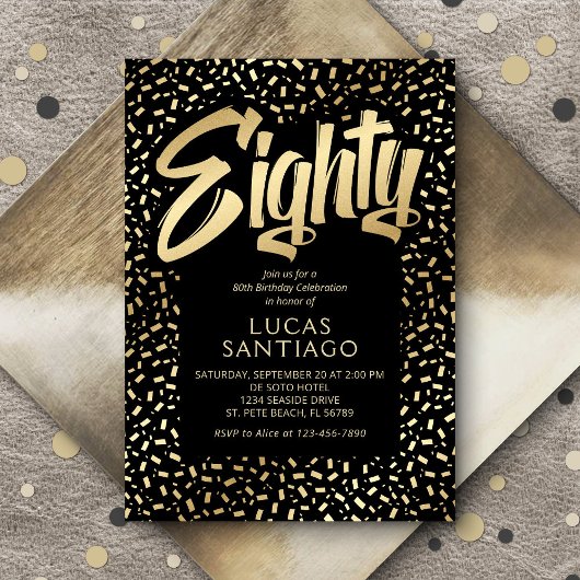 80e verjaardag Zwart Goud Confetti Kaart