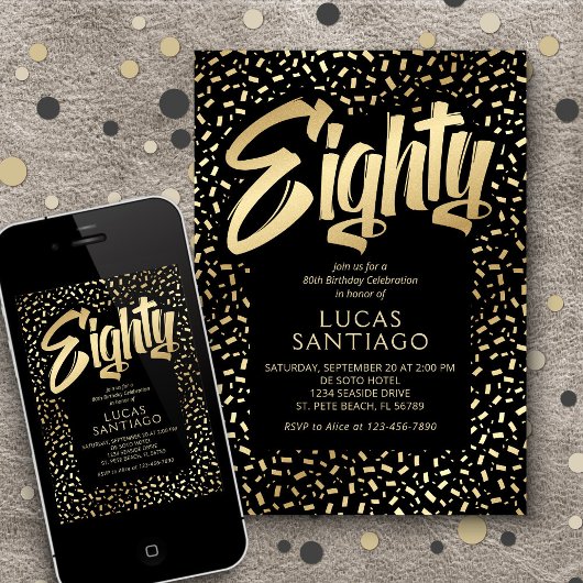 80e verjaardag Zwart Goud Confetti Kaart