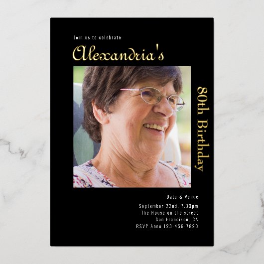 80e verjaardag zwart goud folie uitnodiging (Voorkant)