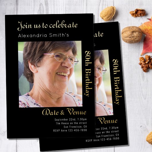 80e verjaardag zwart goud folie uitnodiging