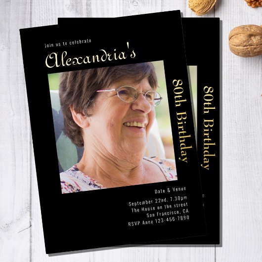 80e verjaardag zwart goud folie uitnodiging