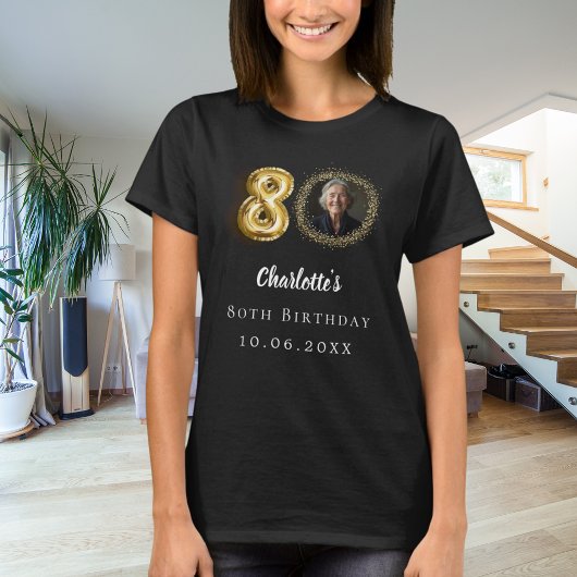 80e verjaardag zwart goud foto t-shirt