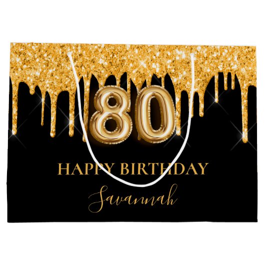 80e verjaardag zwart goud glitter druppelt naam groot cadeauzakje (Achterkant)