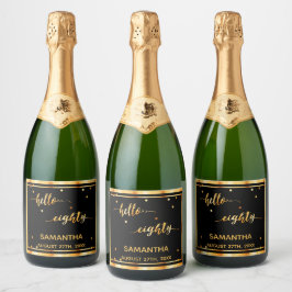 80e verjaardag zwart goud hallo naamscript 80 sparkling wijnetiket