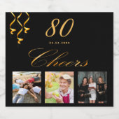 80e verjaardag zwart goud juichen foto sparkling wijnetiket (Enkel label)