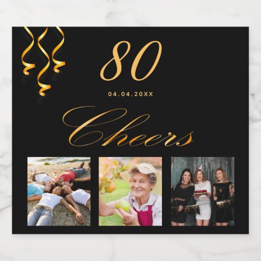 80e verjaardag zwart goud juichen foto sparkling wijnetiket (Enkel label)