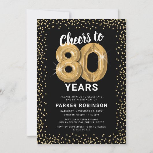 80e verjaardag zwart goud kaart (Voorkant)