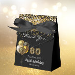 80e verjaardag zwart goud luipaard dank u bedankdoosjes<br><div class="desc">Een zwarte achtergrond,  versierd met ballonnen en faux gouden confetti. Nummer 80 is geschreven met een trendy ballon stijl lettertype,  luipaard patroon. Personaliseer en voeg een naam en een datum toe. 80ste verjaardag en dank u geschreven met een moderne handgeschreven stijl script.</div>