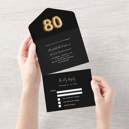 80e verjaardag zwart goud RSVP All In One Uitnodiging (Afscheurbaar)
