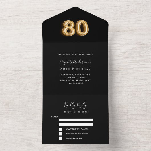 80e verjaardag zwart goud RSVP All In One Uitnodiging (Binnen)