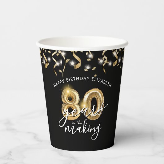 80e verjaardag zwart goud script ballon streamers papieren bekers (Achterkant)