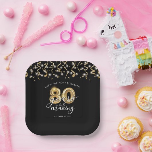 80e verjaardag zwart goud script ballon streamers papieren bordje (Feest)