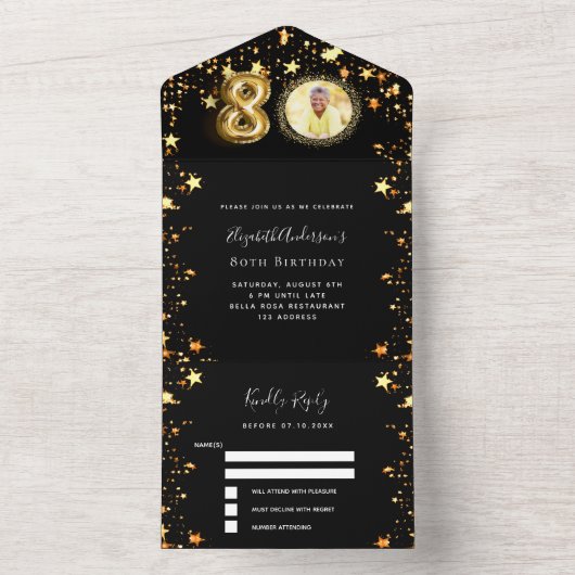 80e verjaardag zwart goud sterren foto RSVP All In One Uitnodiging (Binnen)