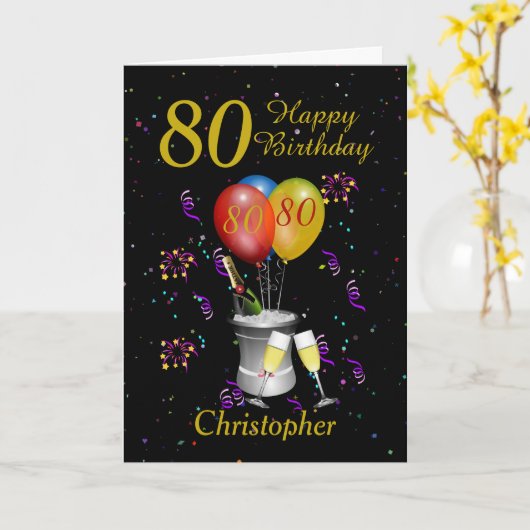 80e verjaardag Zwart Goud Viering Kaart (Gele Bloem)