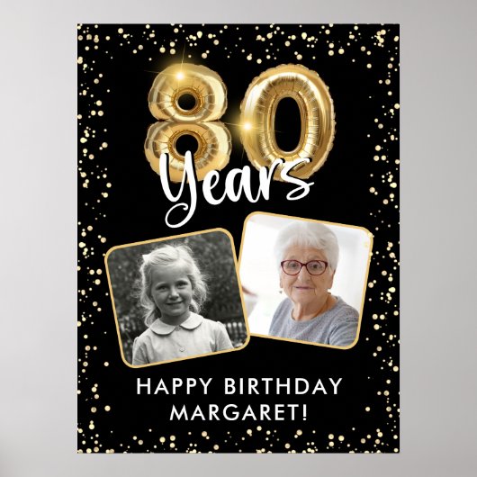 80e Verjaardag Zwart Gouden Ballon Confetti 2 Foto Poster (Voorkant)