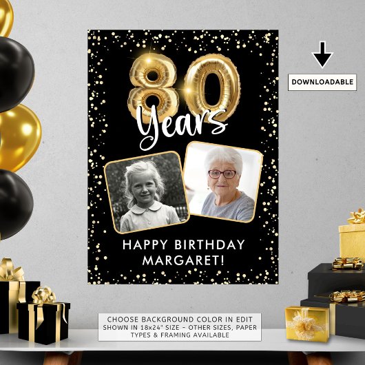 80e Verjaardag Zwart Gouden Ballon Confetti 2 Foto Poster