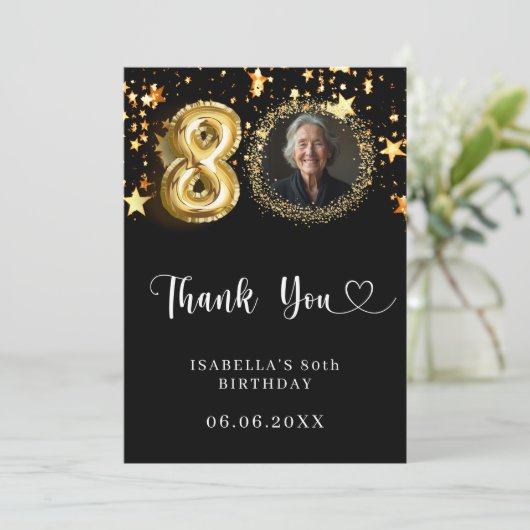 80e verjaardag zwart gouden sterren foto bedankkaart (Staand voorkant)