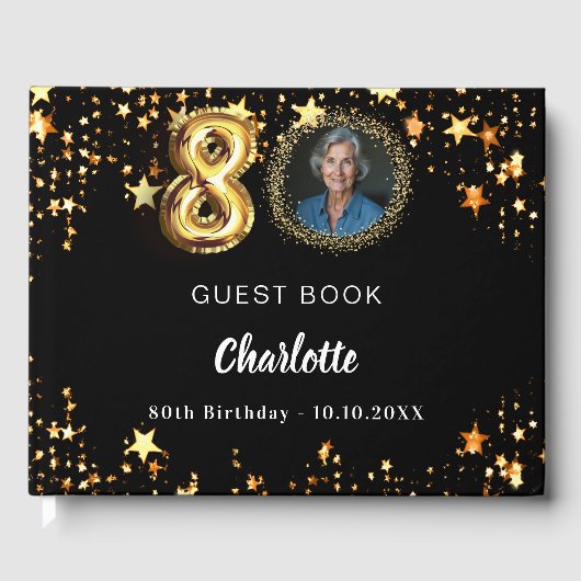 80e Verjaardag zwart gouden sterren foto Gastenboek (Voorkant)