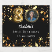 80e verjaardag zwart gouden sterren foto sparkling wijnetiket (Enkel label)