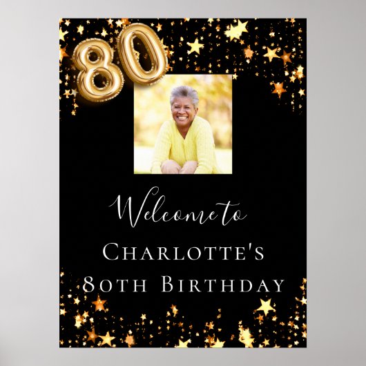 80e verjaardag zwart gouden sterren foto welkom poster (Voorkant)