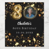 80e verjaardag zwart gouden sterren foto wijn etiket (Enkel label)