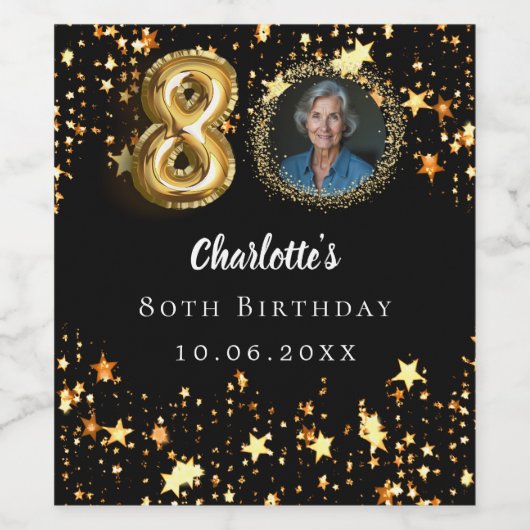 80e verjaardag zwart gouden sterren foto wijn etiket (Enkel label)