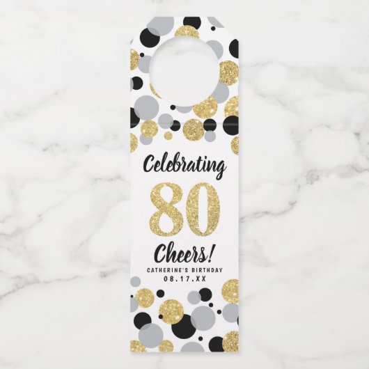 80e Verjaardag Zwart Grijs Goud Glitter Confetti Flessenhanger (Voorkant)