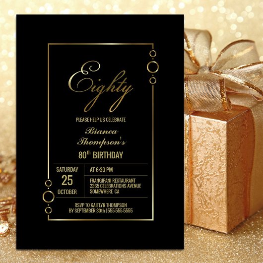 80e verjaardag zwart met Gold Lijst Party Kaart