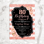 80e verjaardag zwart Roos Gold en witte strepen Kaart<br><div class="desc">80e uitnodiging van de verjaardag. Elegant roos goud wit en zwart ontwerp met faux glitter. Kenmerken strepen,  wazige roze rozen,  scriptlettertype en confetti. Ideaal voor een elegant verjaardagsfeestje.</div>