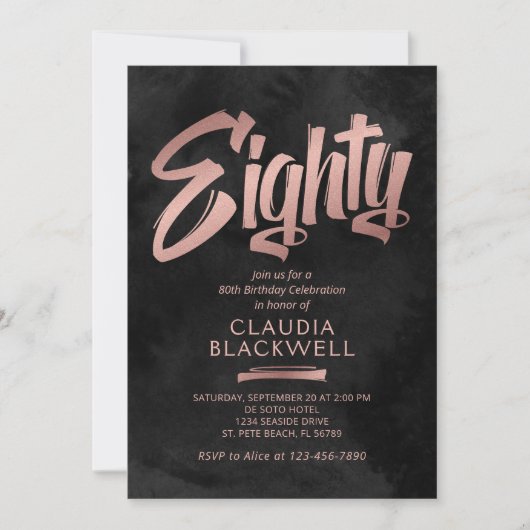 80e verjaardag Zwart Roos Goud Kaart (Voorkant)