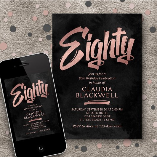 80e verjaardag Zwart Roos Goud Kaart