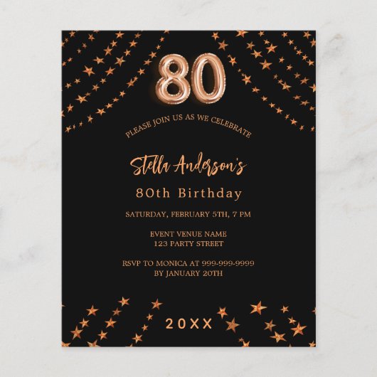 80e verjaardag zwart roos gouden budgetuitnodiging (Voorkant)