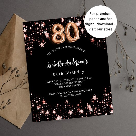 80e verjaardag zwart roos gouden budgetuitnodiging flyer