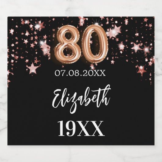 80e verjaardag zwart roos gouden sterren sparkling wijnetiket (Enkel label)