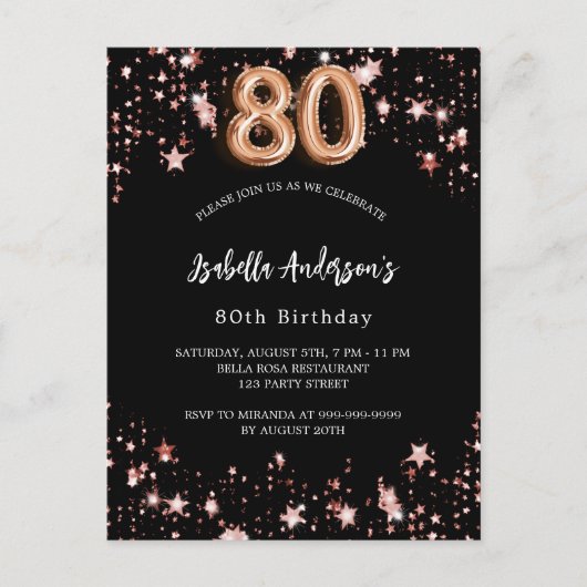 80e verjaardag zwart roos gouden sterren uitnodiging briefkaart (Voorkant)