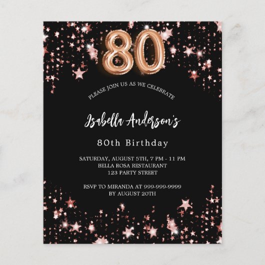 80e verjaardag zwart roos gouden uitnodiging (Voorkant)